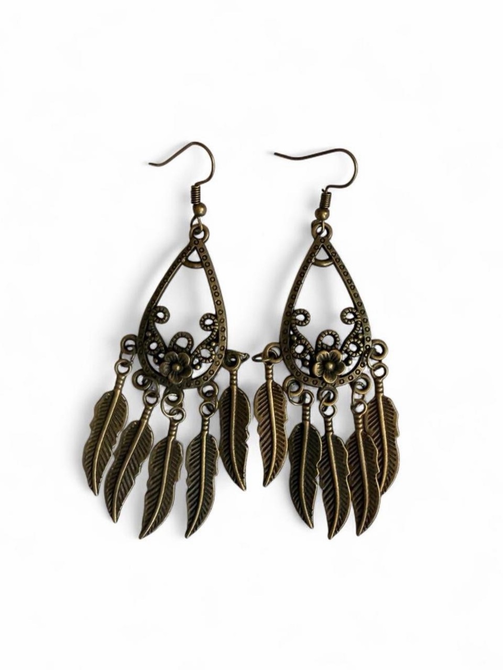 Handmade Bronze Feather Chandelier Earrings – Teardrop Style